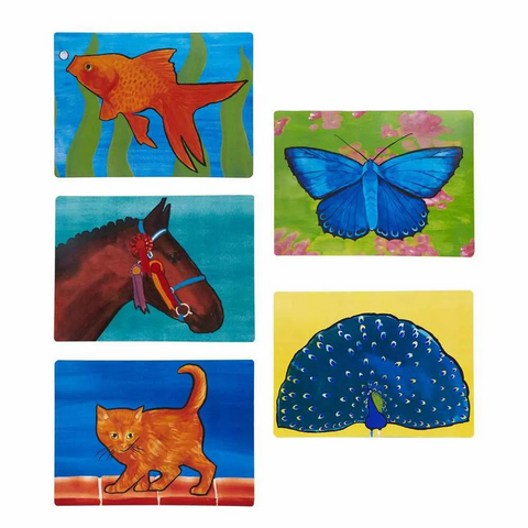 Selection of five paintings that are included in the aquapaint natural world set. These are ideal for any animal lover and includes five carefully selected images: a butterfly, a goldfish, a cat, a peacock, and a horse.