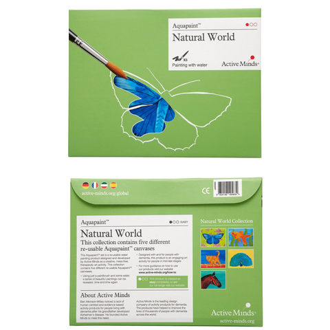 Image of the front and the back of the aquapaint natural world product. Showing the collections of paintings that are included and a brief description  of the benefits and how to use it.