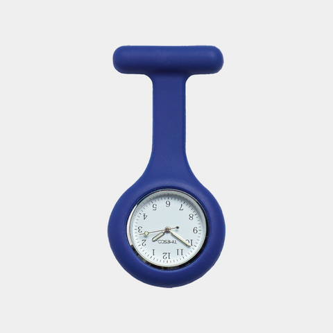 Blue silicone fob watch featuring a large white 24-hour dial, offering a vibrant yet practical design for medical staff.