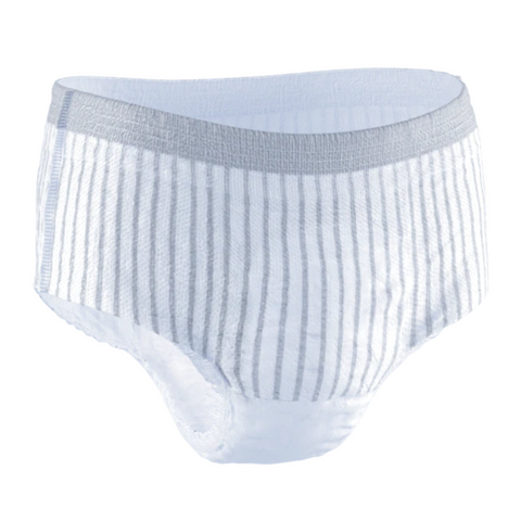 A detailed image of TENA Men Premium Fit Protective Underwear, showcasing the striped design, elastic waistband, and breathable cotton-like fabric.