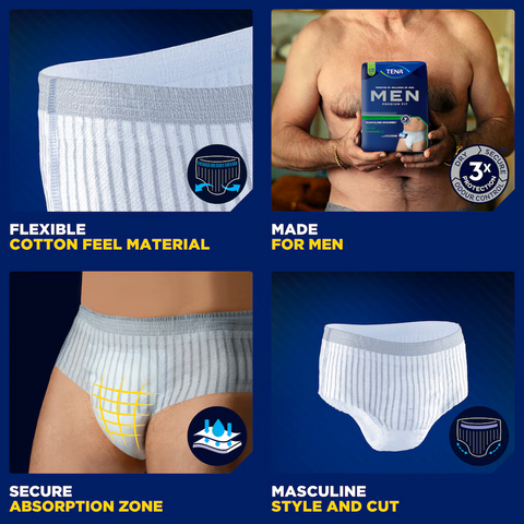 A demonstration of TENA Men Protective Underwear being worn under fitted clothing, highlighting its secure fit and discreet appearance.