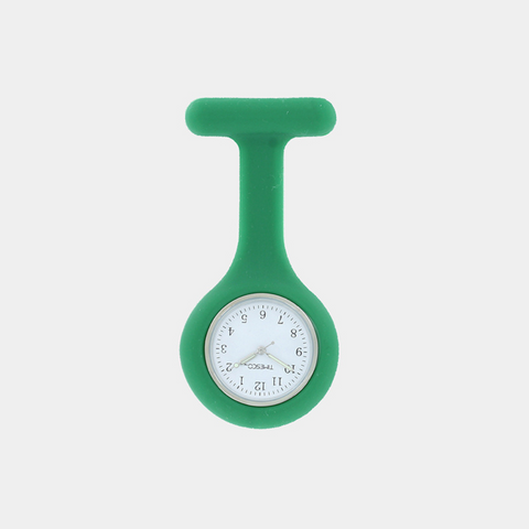 Green silicone fob watch with a clear 24-hour white dial, an ideal choice for healthcare professionals who prefer a fresh and lively look.