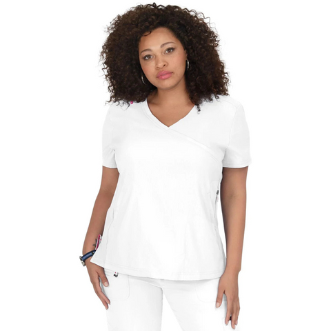 Second front view of the Koi Lite Philosophy scrub top, showcasing the breathable, moisture-wicking fabric and side slash pockets for convenience.