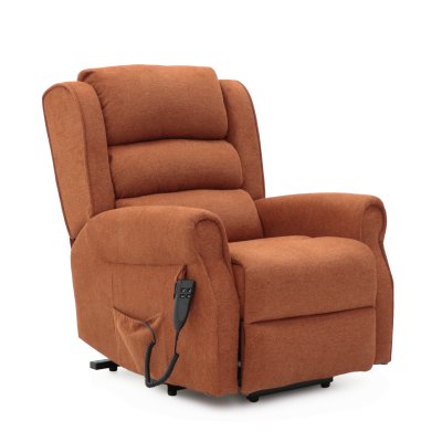 The Madison Two orthopaedic rise recliner in rust, featuring a fully reclined position, ensuring a restful experience with its pocket-sprung seat cushion.