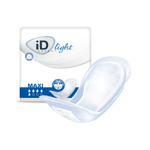 iD Expert Light Incontinence Pads with a Maxi absorbency level, anatomical shape, and adhesive strip for a discreet, secure, and comfortable fit throughout the day.