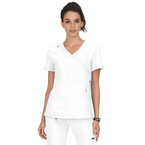 Front view of the Koi Lite Philosophy scrub top, featuring a mock wrap neckline and ribbed side panels for a flattering, slim fit.