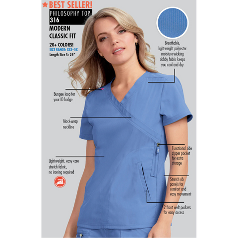 Detailed view of the Koi Lite Philosophy scrub top, showing key features such as the mock wrap neckline, ribbed side panels, bungee loop, and zipper pocket.
