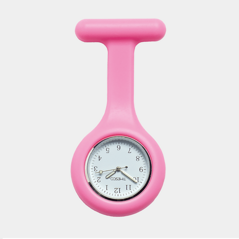 Pink silicone fob watch with a large white 24-hour dial, adding a touch of color while maintaining functionality for medical workers.