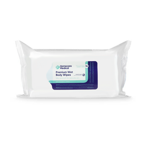 Premium wet body wipes containing 96 alcohol-free and lanolin-free wipes, ensuring they are safe and gentle on sensitive skin. 