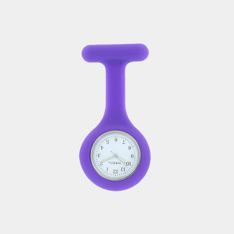 Purple silicone fob watch with a bold white 24-hour dial, blending style and practicality for healthcare professionals