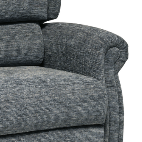 Slate upholstered recliner chair made from premium fabric, close up of adjustable waterfall backrest with removable panels for easy cleaning and armrest covers for extra comfort.