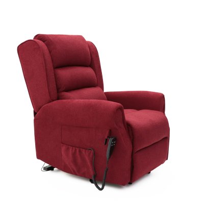 The Madison Two orthopaedic rise recliner in red, featuring a fully reclined position, ensuring a restful experience with its pocket-sprung seat cushion.