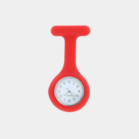 Red silicone fob watch with a large white 24-hour dial, a bold and eye-catching accessory for healthcare professionals.