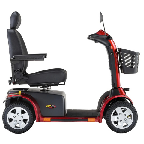 Side view of the Colt Pursuit scooter, highlighting its sturdy frame, large tyres, and comfortable adjustable captain's seat, ideal for long rides.