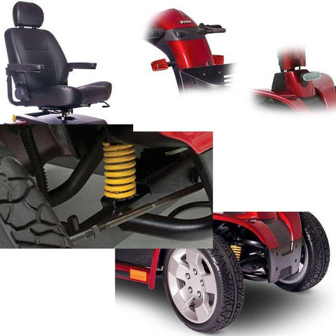 A collage featuring the comfortable, adjustable captain’s seat, the ergonomic wraparound delta tiller, the front light, and the front and rear suspension systems, highlighting the Colt Pursuit's focus on comfort, safety, and performance.