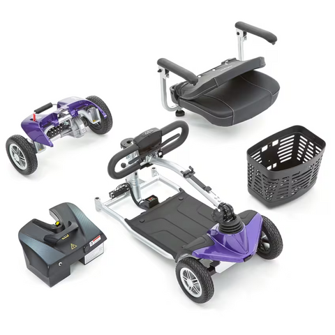 The Evolite Folding Scooter disassembled into five compact pieces for easy transport and storage, showcasing its lightweight, portable design.