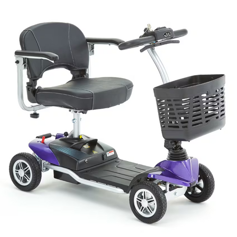 The Evolite Folding Scooter in purple, offering efficient performance with a 250W motor and a long-lasting lithium battery for up to 9 miles of range.