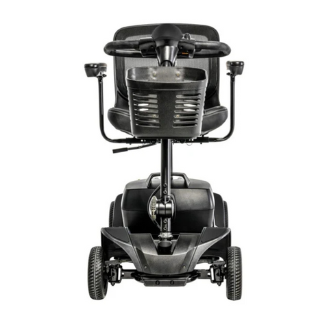 Front view of the Go Go Elite 2.0 scooter, highlighting the industry-leading 37-inch turning radius and foldable seat for easy storage.