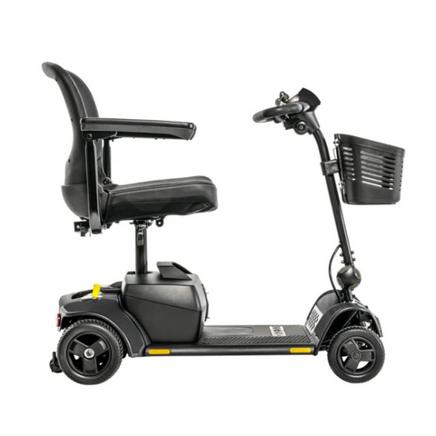 Side view of the Go Go Elite 2.0 scooter, showcasing its adjustable Delta tiller, flip-up armrests, and angle-adjustable seat for enhanced comfort.