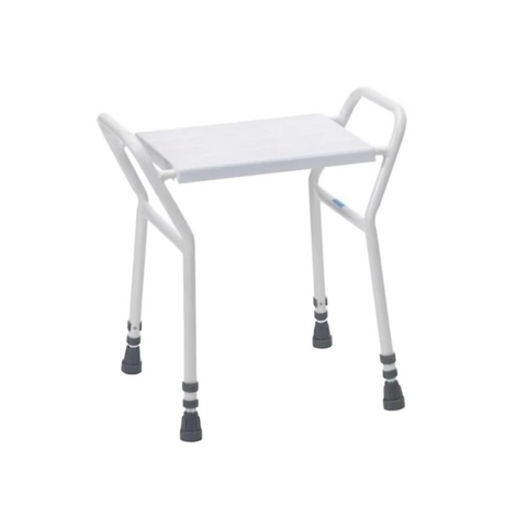 Oasis Shower Stool with ergonomic armrests, offering stability and comfort for users with reduced mobility, featuring a removable seat for easy cleaning and a durable, reinforced construction for added safety.