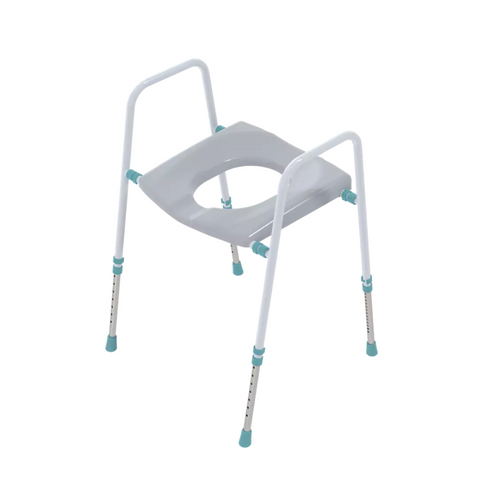 The Prima Classic Toilet Seat and Frame, showcasing its ergonomic, contoured seat and height-adjustable frame designed for comfort and support, offering a practical solution for users with limited mobility.