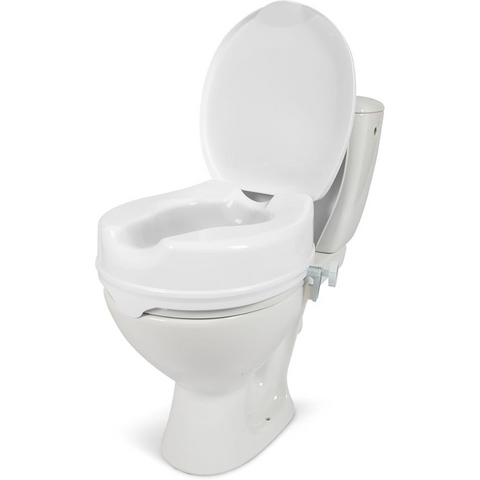 Toilet Seat Raised for enhanced comfort, stability, and ease of use featuring front and rear indents for pressure relief.