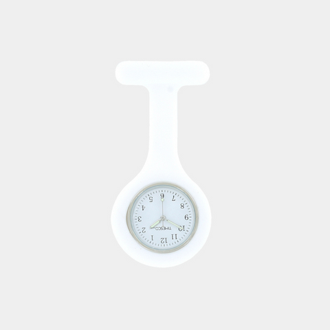 White silicone fob watch with a crisp 24-hour dial, a clean and minimalist choice for medical staff focused on hygiene and precision.