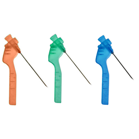 A selection of disposable hypodermic safety needles in three colours: blue, orange, and green. Each needle represents a different size for versatile medical use.