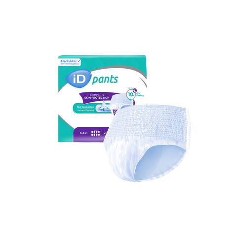 iD Pants Maxi pull-up briefs designed for heavy incontinence, offering up to 10 hours of dryness with fast absorption and odour control, featuring a soft cotton-feel back sheet for comfort and discretion