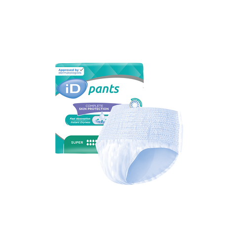 iD Fully Elasticated Pull Up Pants with Super absorbency, designed for heavy incontinence, featuring an elasticated waist, soft cotton-feel back sheet, and odour control for reliable protection and comfort throughout the day.