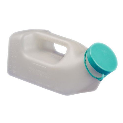 Plastic, reusable 1 litre male urinal bottle with lid.